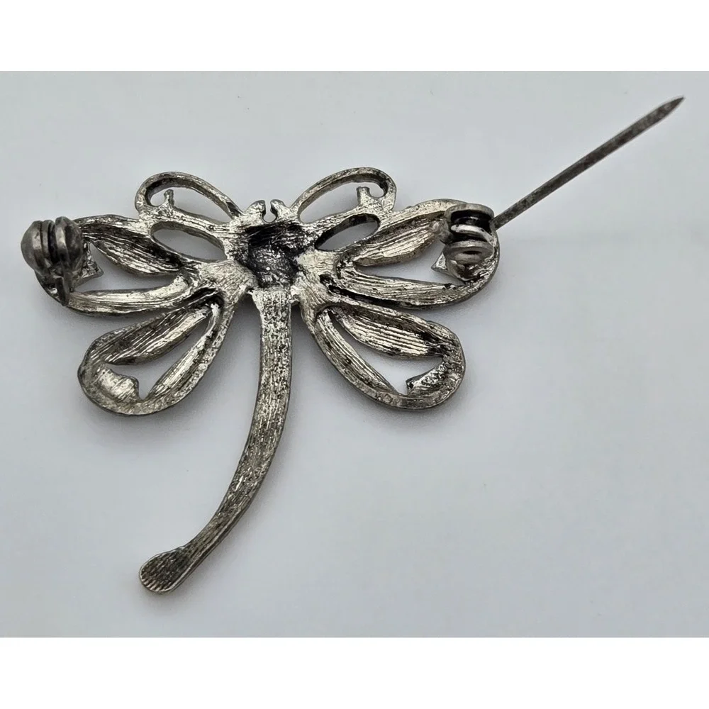 Vintage Dragonfly Brooch Silver Tone‎ Marcasite Style AB Rhinestone Insect Pin
